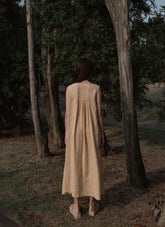 Sleeveless Linen Maxi Dress With Pleated Neckline And Relaxed A-Line Silhouette